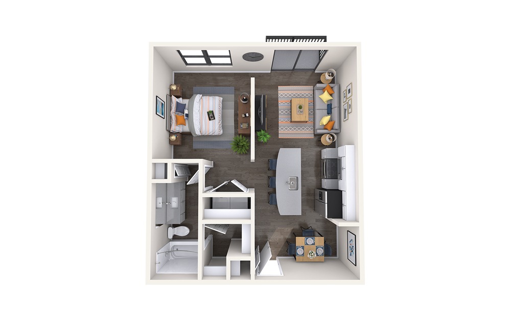 Angelico - Studio floorplan layout with 1 bath and 659 square feet.